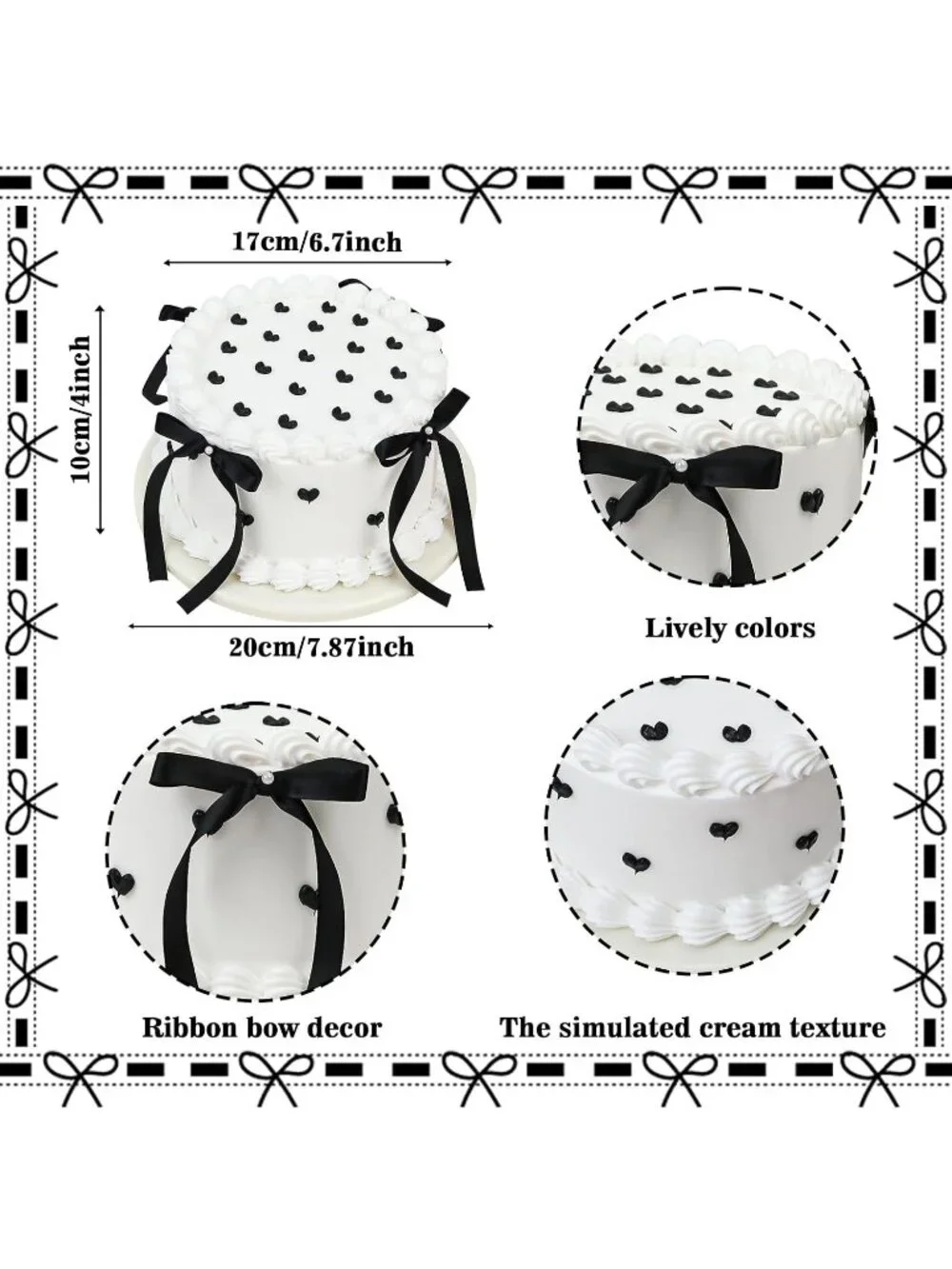 6 Inch Black Bow Fake Round Black and White Cake
